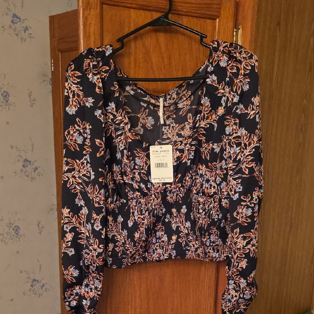 Free People Navy and Orange Floral Blouse NWT